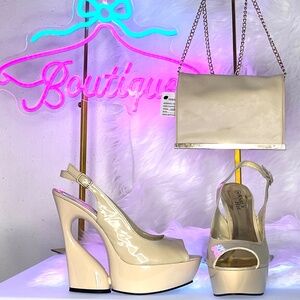 Beige Open Toe Platform, Cutout Wedge Heels w/Bag